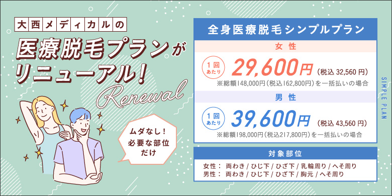 大西メディカルの医療脱毛プランがリニューアル！ ムダなし！必要な部位だけ 全身医療脱毛シンプルプラン 女性1回あたり 29,600円 税込32,560円 男性1回あたり 39,600円 税込43,560円 対象部位 ＜女性＞ 両わき ひじ下 ひざ下 乳輪周り へそ周り ＜男性＞ 両わき ひじ下 ひざ下 胸元 へそ周り