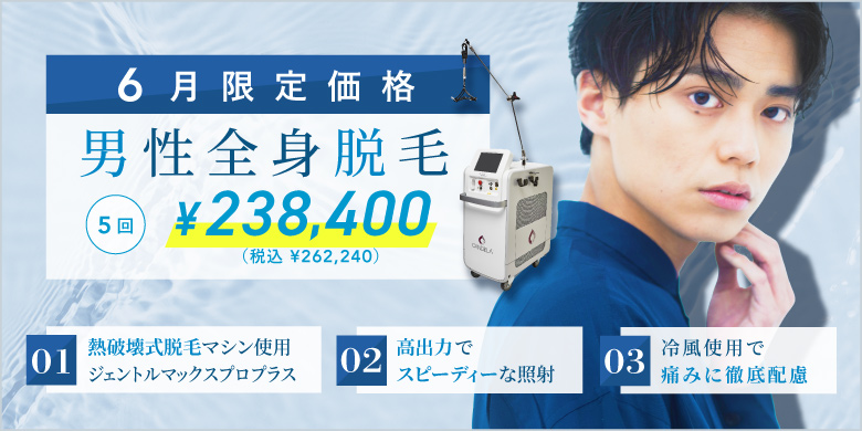 男性全身脱毛 5回 ¥238,400 税込¥262,240 熱破壊式脱毛マシン使用 ジェントルマックスプロプラス 高出力でスピーディーな照射 冷風使用で痛みに徹底配慮 6月限定価格