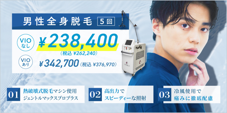男性全身脱毛 5回 VIOなし ¥238,400 税込¥262,240 VIOあり ¥342,700 税込¥376,970 熱破壊式脱毛マシン使用 ジェントルマックスプロプラス 高出力でスピーディーな照射 冷風使用で痛みに徹底配慮
