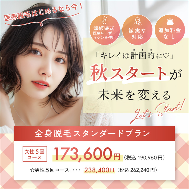 【女性全身医療脱毛30%OFF】男性も今だけ20%OFF！｜9月おすすめ