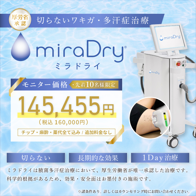 厚労省承認 切らないワキガ・多汗症治療 ミラドライ モニター価格 先着10名様限定 145,455円 税込160,000円 チップ・麻酔・薬代全て込み 追加費用なし 切らない 長期的な効果 1Day治療 ミラドライは腋窩多汗症治療において、厚生労働省が唯一承認した治療です。科学的効果があるため、効果・安全性はお墨付きの施術です。 ※諸条件あり。詳しくはカウンセリング時にお問い合わせください。