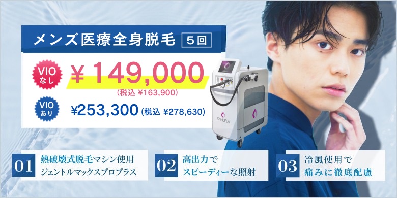 男性全身脱毛 5回 VIOなし ¥238,400 税込¥262,240 VIOあり ¥342,700 税込¥376,970 熱破壊式脱毛マシン使用 ジェントルマックスプロプラス 高出力でスピーディーな照射 冷風使用で痛みに徹底配慮